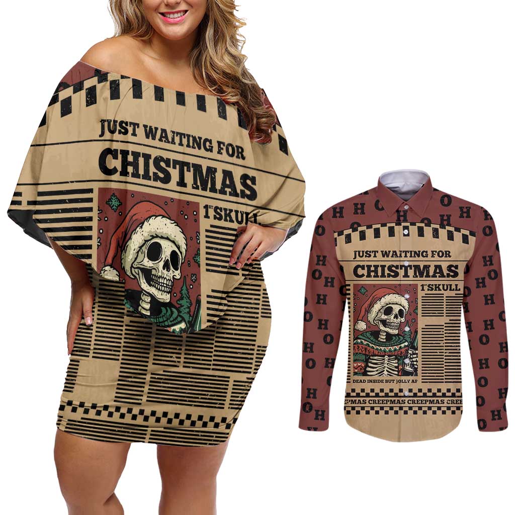 Skull Christmas Couples Matching Off Shoulder Short Dress and Long Sleeve Button Shirt Newspaper Retro Style - Wonder Print Shop