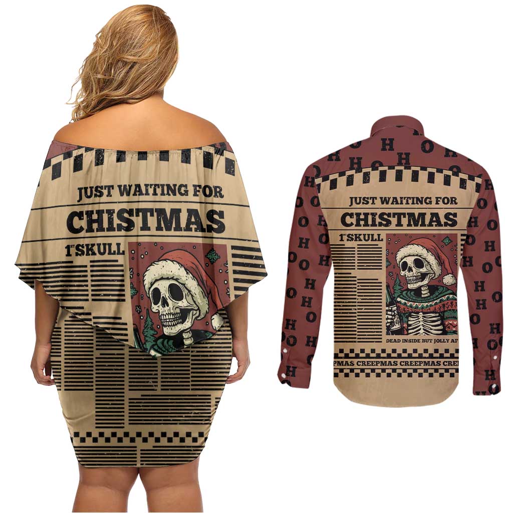 Skull Christmas Couples Matching Off Shoulder Short Dress and Long Sleeve Button Shirt Newspaper Retro Style - Wonder Print Shop