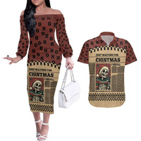 Skull Christmas Couples Matching Off The Shoulder Long Sleeve Dress and Hawaiian Shirt Newspaper Retro Style - Wonder Print Shop