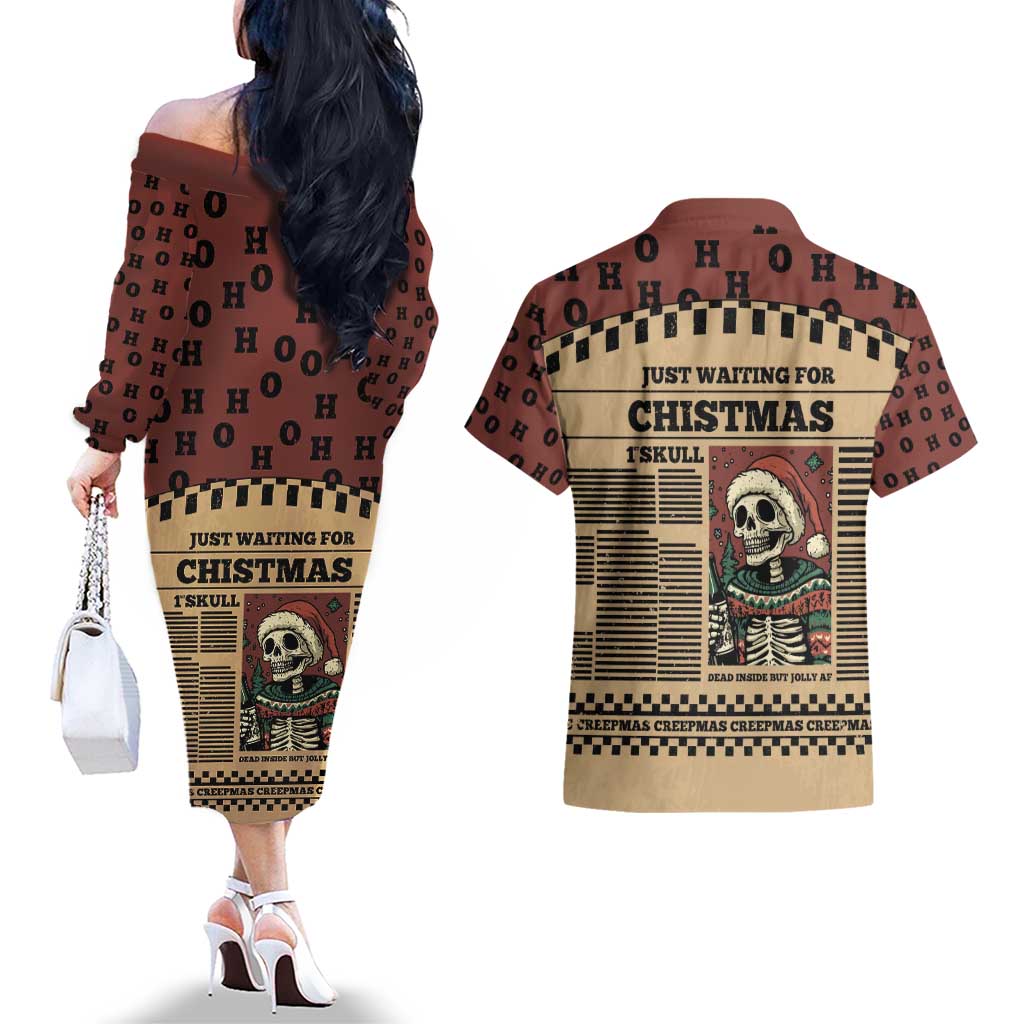 Skull Christmas Couples Matching Off The Shoulder Long Sleeve Dress and Hawaiian Shirt Newspaper Retro Style - Wonder Print Shop