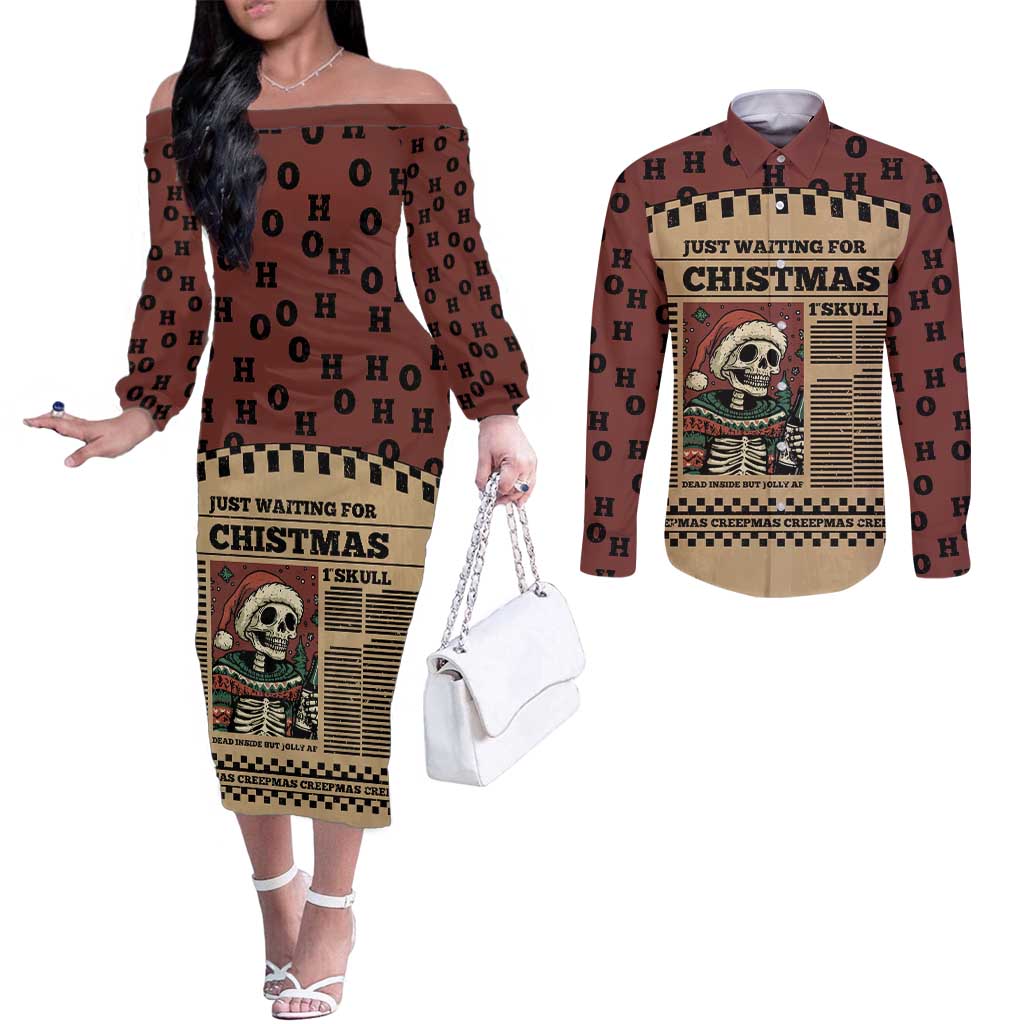 Skull Christmas Couples Matching Off The Shoulder Long Sleeve Dress and Long Sleeve Button Shirt Newspaper Retro Style - Wonder Print Shop