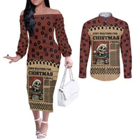 Skull Christmas Couples Matching Off The Shoulder Long Sleeve Dress and Long Sleeve Button Shirt Newspaper Retro Style - Wonder Print Shop