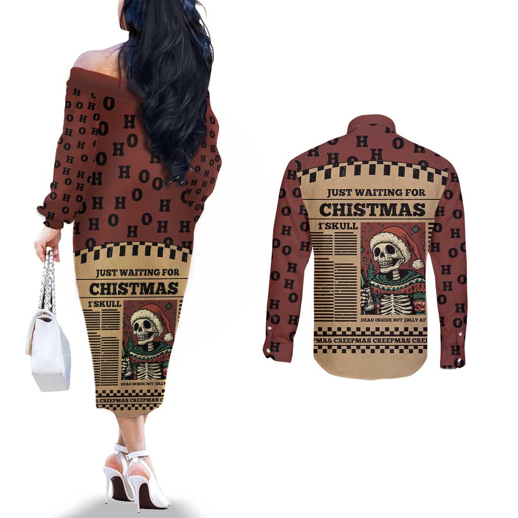 Skull Christmas Couples Matching Off The Shoulder Long Sleeve Dress and Long Sleeve Button Shirt Newspaper Retro Style - Wonder Print Shop