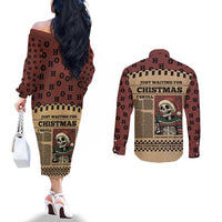 Skull Christmas Couples Matching Off The Shoulder Long Sleeve Dress and Long Sleeve Button Shirt Newspaper Retro Style - Wonder Print Shop
