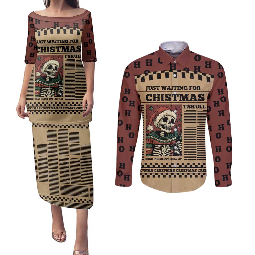 Skull Christmas Couples Matching Puletasi and Long Sleeve Button Shirt Newspaper Retro Style - Wonder Print Shop