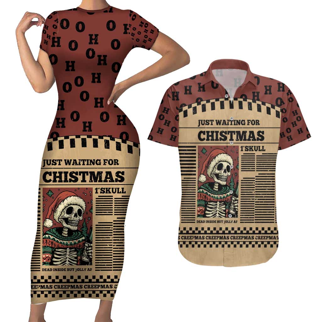 Skull Christmas Couples Matching Short Sleeve Bodycon Dress and Hawaiian Shirt Newspaper Retro Style - Wonder Print Shop