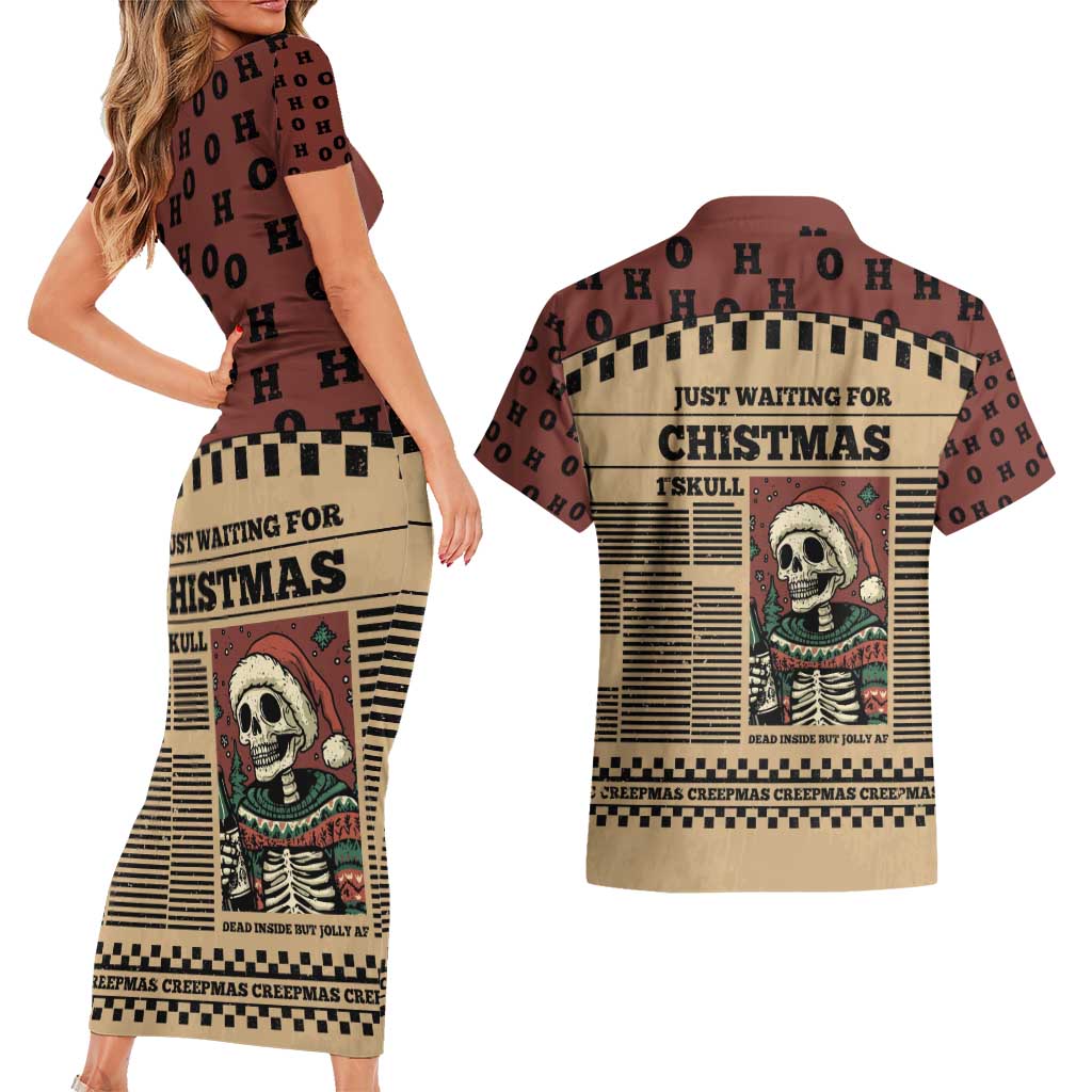 Skull Christmas Couples Matching Short Sleeve Bodycon Dress and Hawaiian Shirt Newspaper Retro Style - Wonder Print Shop