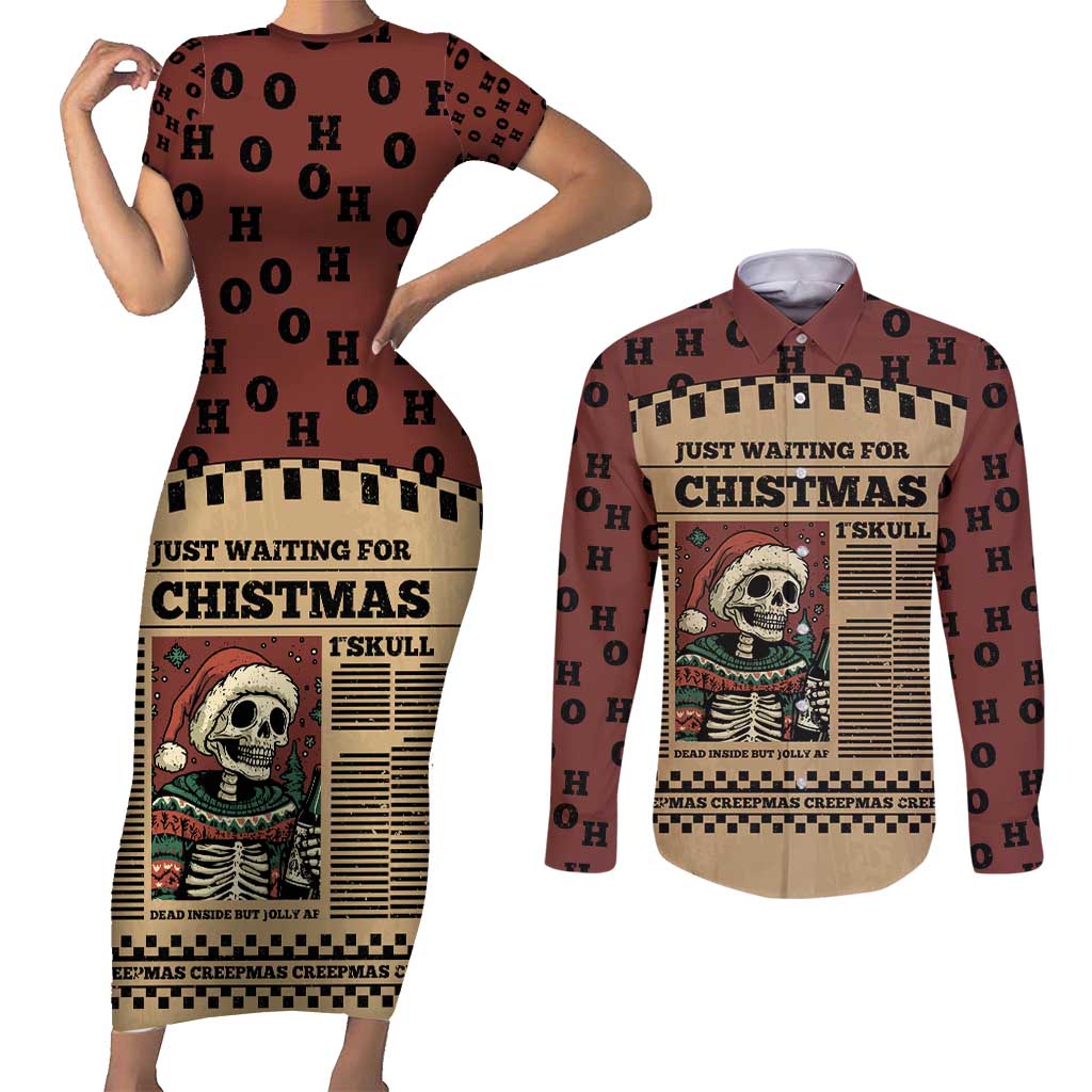Skull Christmas Couples Matching Short Sleeve Bodycon Dress and Long Sleeve Button Shirt Newspaper Retro Style - Wonder Print Shop
