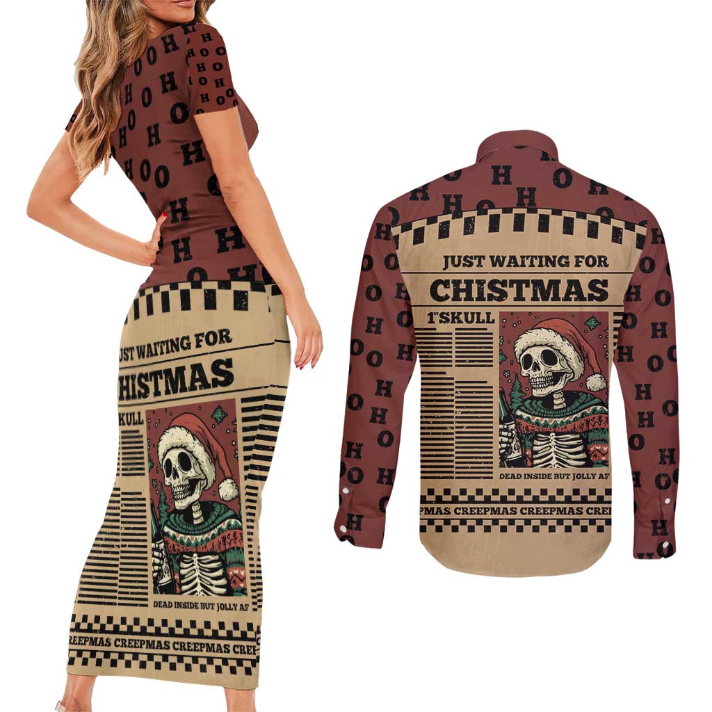 Skull Christmas Couples Matching Short Sleeve Bodycon Dress and Long Sleeve Button Shirt Newspaper Retro Style - Wonder Print Shop