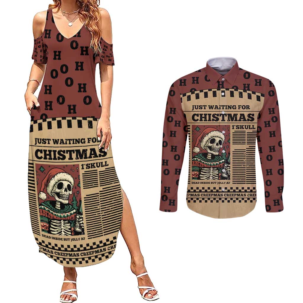 Skull Christmas Couples Matching Summer Maxi Dress and Long Sleeve Button Shirt Newspaper Retro Style - Wonder Print Shop