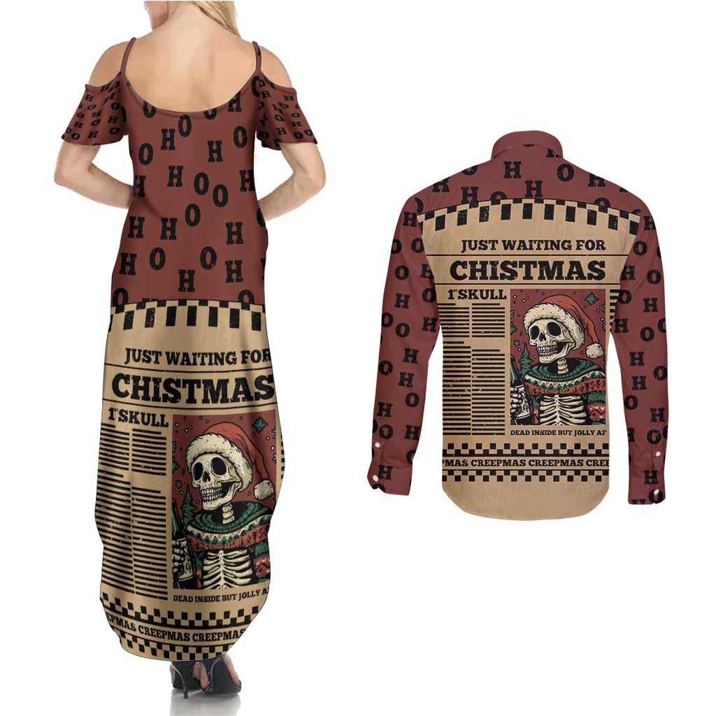 Skull Christmas Couples Matching Summer Maxi Dress and Long Sleeve Button Shirt Newspaper Retro Style - Wonder Print Shop