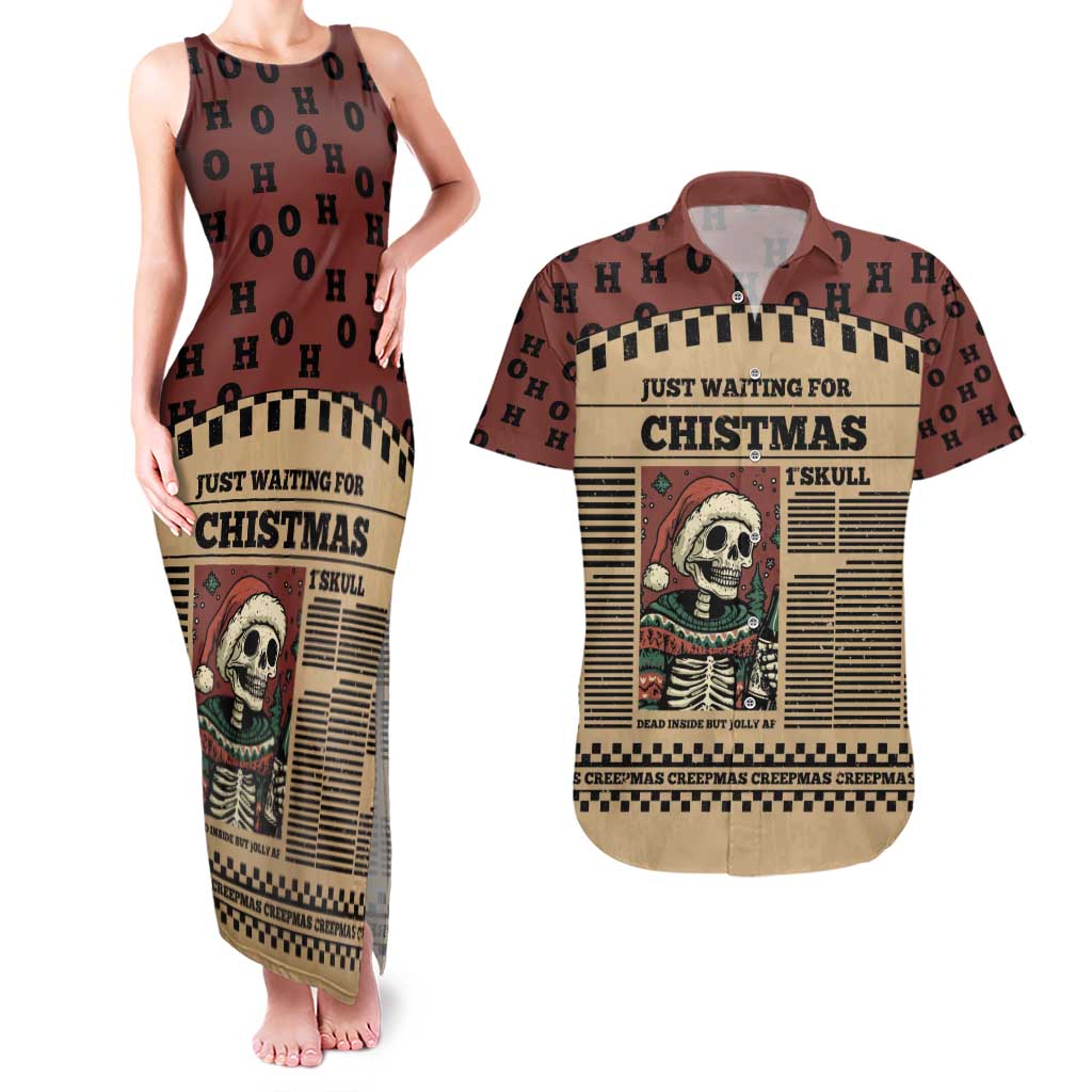 Skull Christmas Couples Matching Tank Maxi Dress and Hawaiian Shirt Newspaper Retro Style - Wonder Print Shop