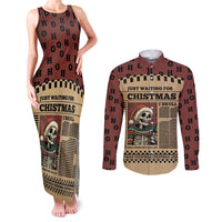 Skull Christmas Couples Matching Tank Maxi Dress and Long Sleeve Button Shirt Newspaper Retro Style - Wonder Print Shop