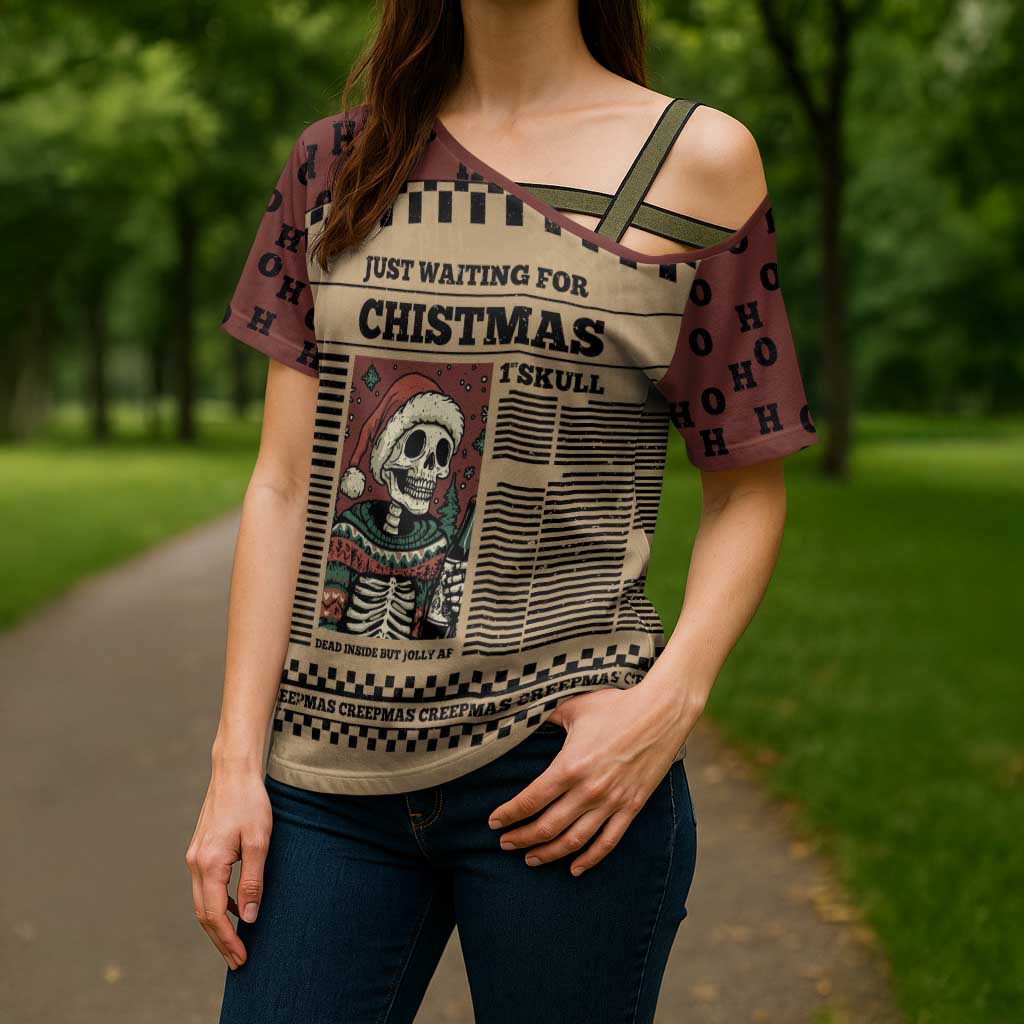 Skull Christmas Cross Shoulder Shirt Newspaper Retro Style - Wonder Print Shop