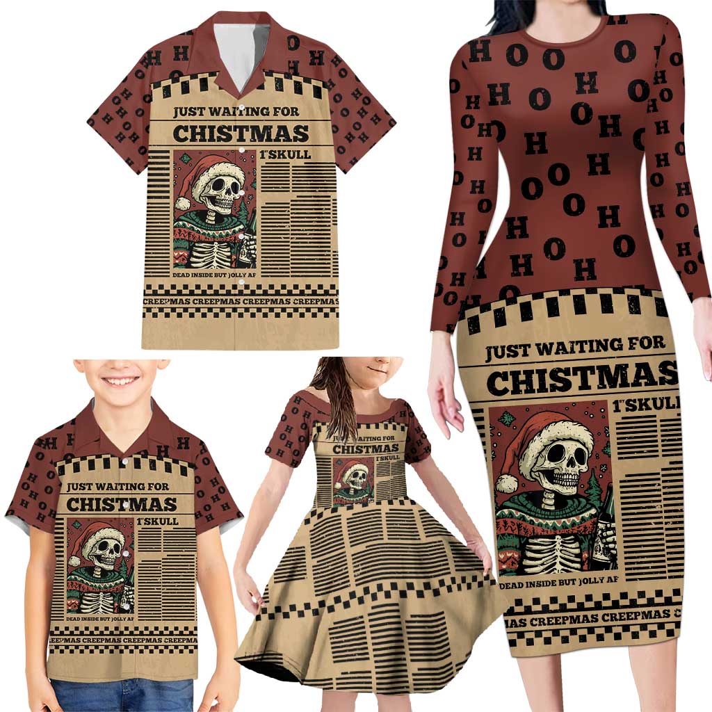 Skull Christmas Family Matching Long Sleeve Bodycon Dress and Hawaiian Shirt Newspaper Retro Style - Wonder Print Shop