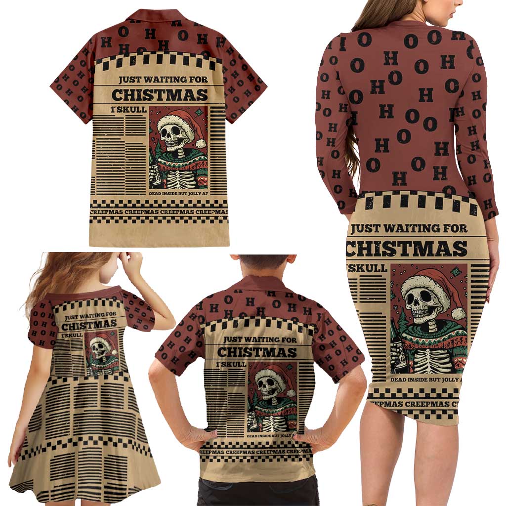 Skull Christmas Family Matching Long Sleeve Bodycon Dress and Hawaiian Shirt Newspaper Retro Style - Wonder Print Shop