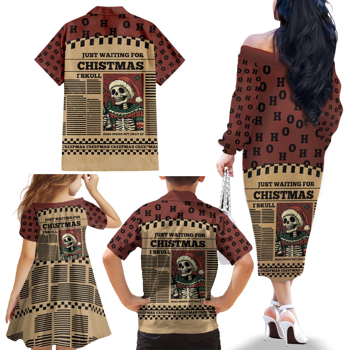 Skull Christmas Family Matching Off The Shoulder Long Sleeve Dress and Hawaiian Shirt Newspaper Retro Style - Wonder Print Shop