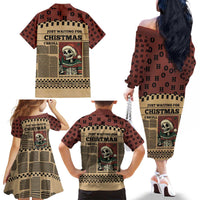 Skull Christmas Family Matching Off The Shoulder Long Sleeve Dress and Hawaiian Shirt Newspaper Retro Style - Wonder Print Shop