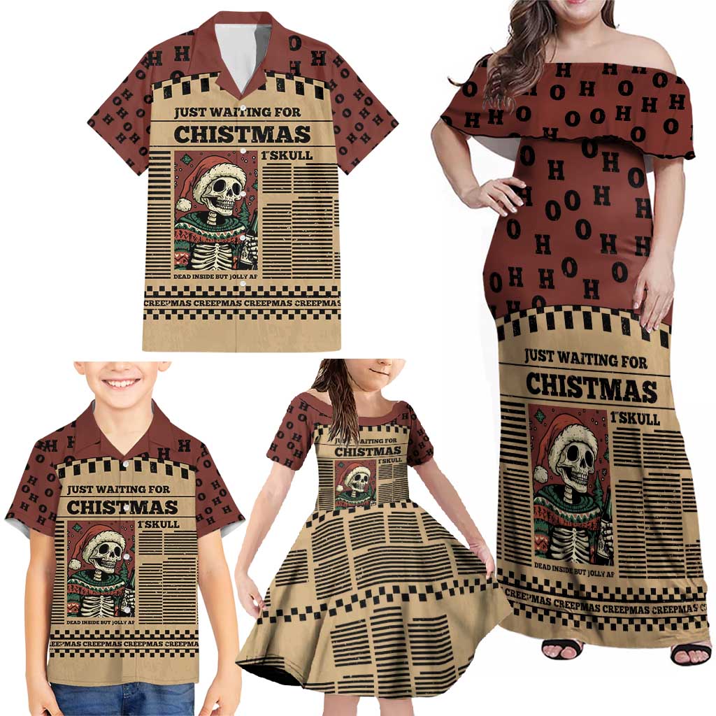 Skull Christmas Family Matching Off Shoulder Maxi Dress and Hawaiian Shirt Newspaper Retro Style - Wonder Print Shop