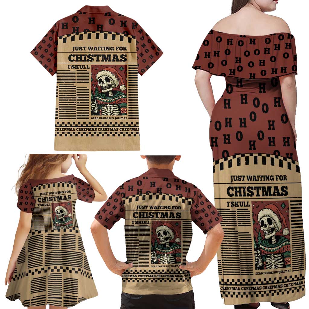 Skull Christmas Family Matching Off Shoulder Maxi Dress and Hawaiian Shirt Newspaper Retro Style - Wonder Print Shop