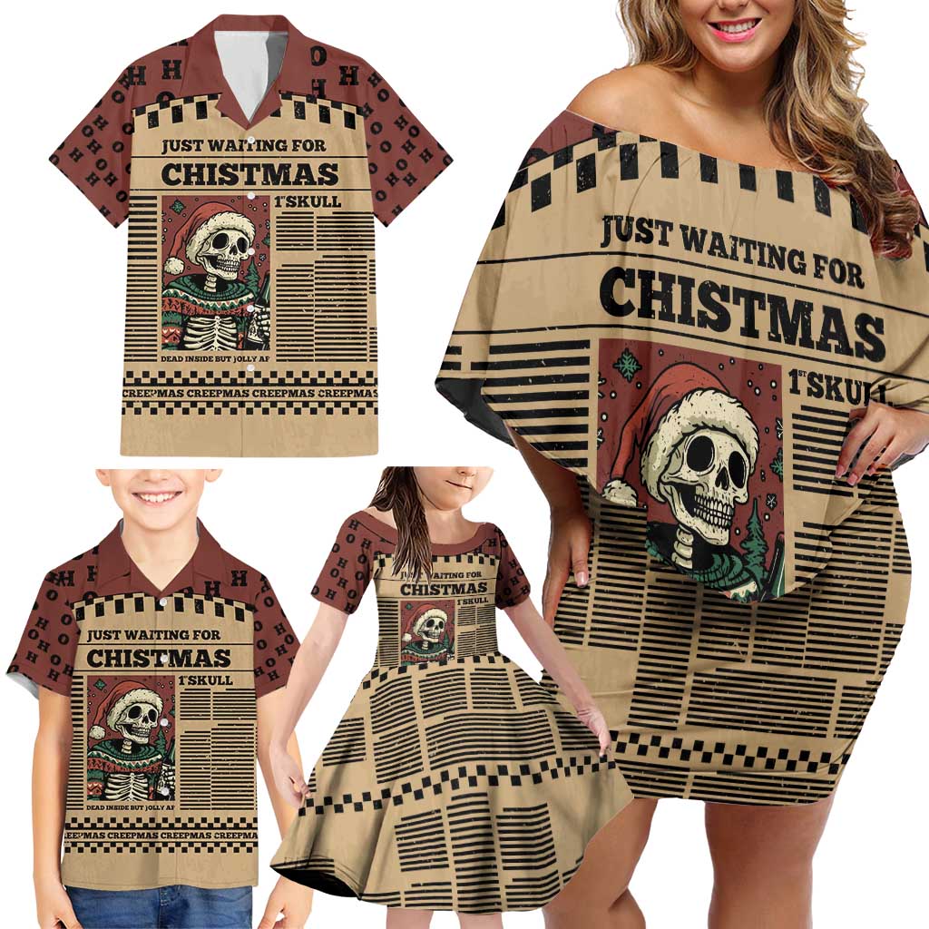 Skull Christmas Family Matching Off Shoulder Short Dress and Hawaiian Shirt Newspaper Retro Style - Wonder Print Shop