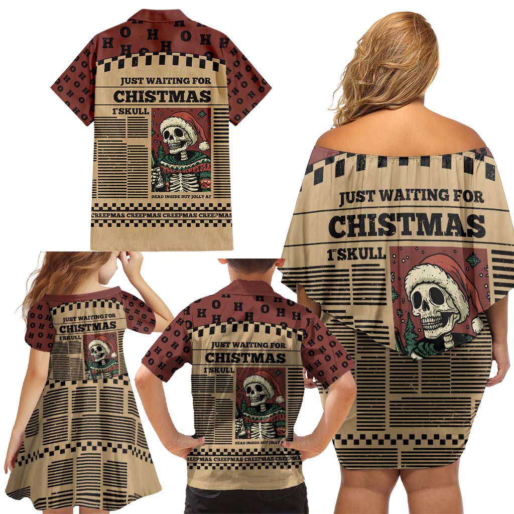 Skull Christmas Family Matching Off Shoulder Short Dress and Hawaiian Shirt Newspaper Retro Style - Wonder Print Shop