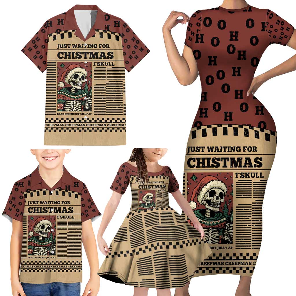 Skull Christmas Family Matching Short Sleeve Bodycon Dress and Hawaiian Shirt Newspaper Retro Style - Wonder Print Shop