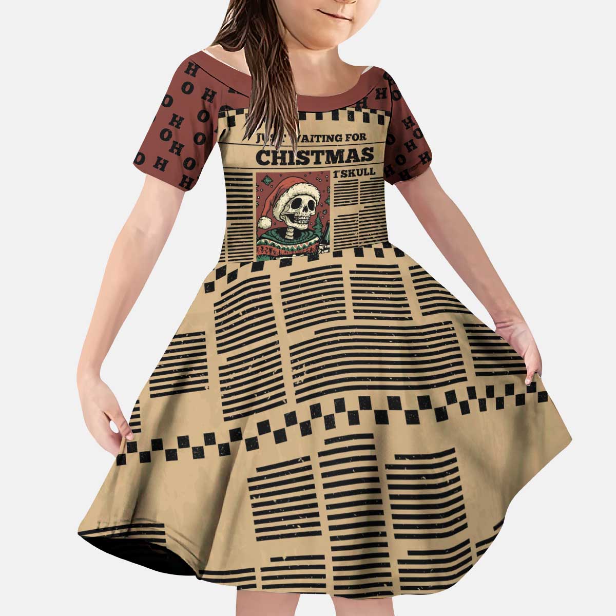 Skull Christmas Kid Short Sleeve Dress Newspaper Retro Style - Wonder Print Shop