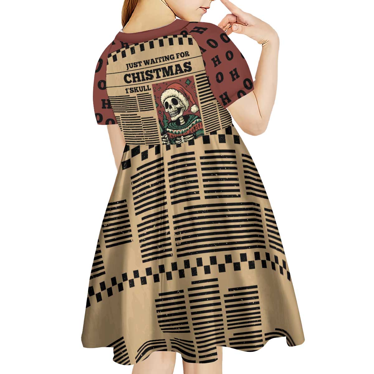 Skull Christmas Kid Short Sleeve Dress Newspaper Retro Style - Wonder Print Shop
