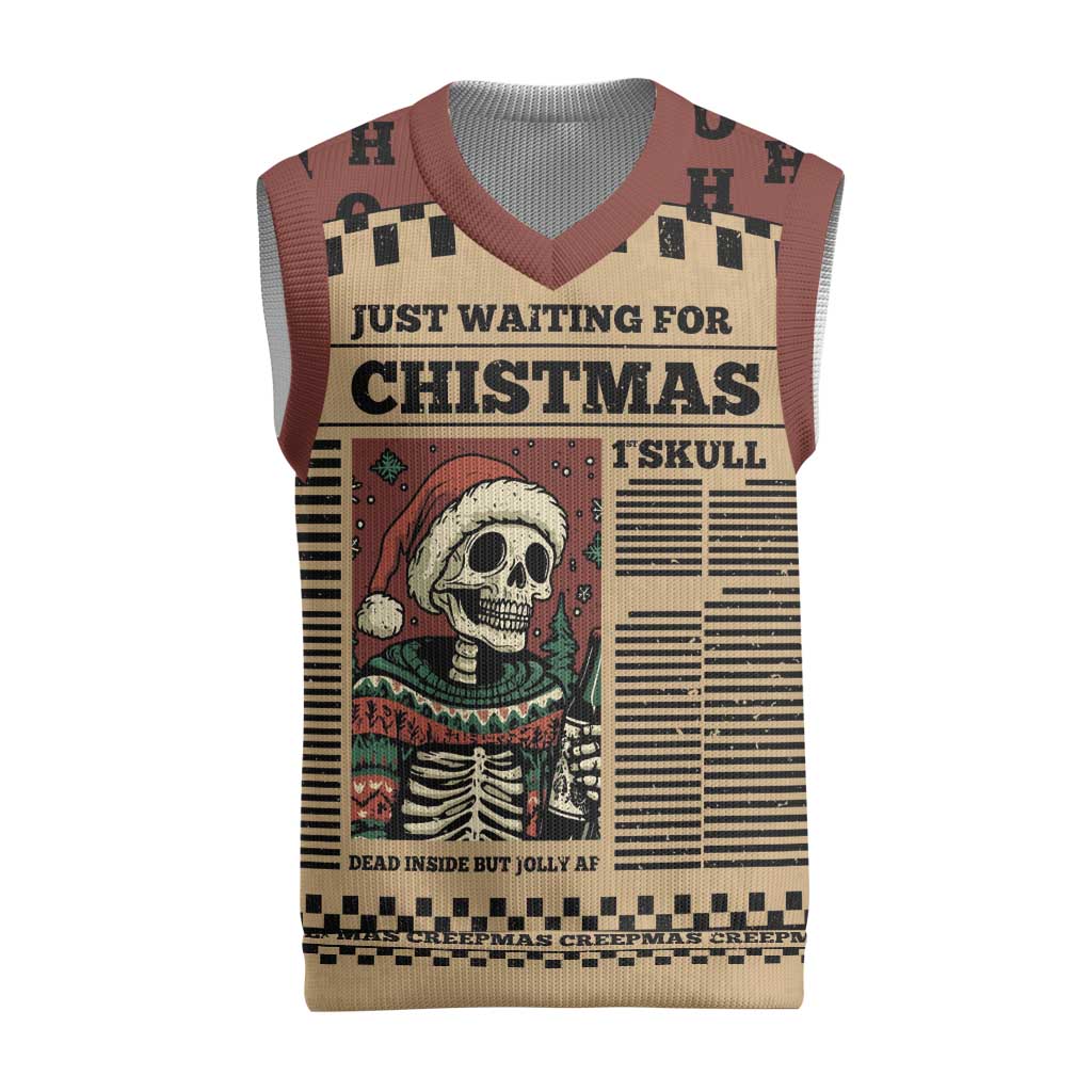 Skull Christmas Knitted V-Neck Vest Newspaper Retro Style - Wonder Print Shop