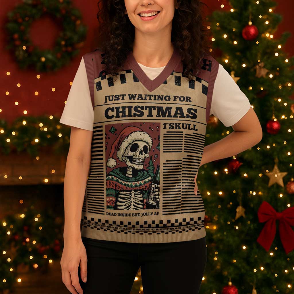 Skull Christmas Knitted V-Neck Vest Newspaper Retro Style - Wonder Print Shop