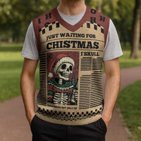 Skull Christmas Knitted V-Neck Vest Newspaper Retro Style - Wonder Print Shop