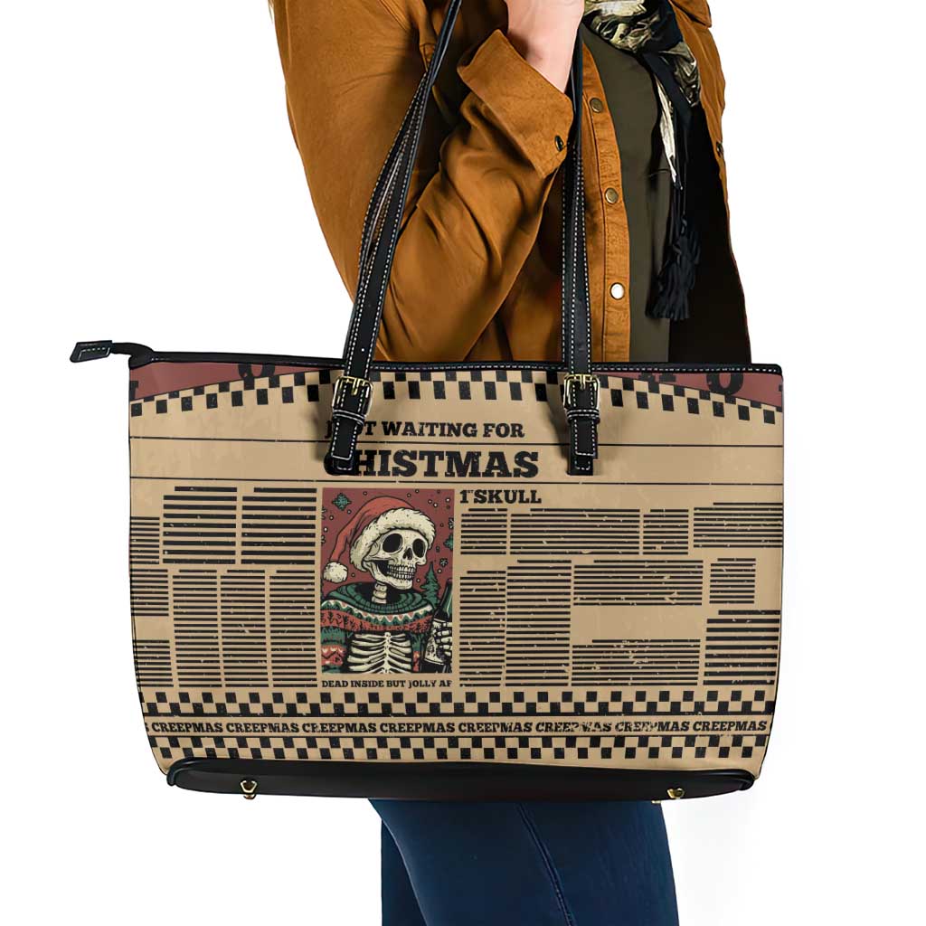 Skull Christmas Leather Tote Bag Newspaper Retro Style - Wonder Print Shop