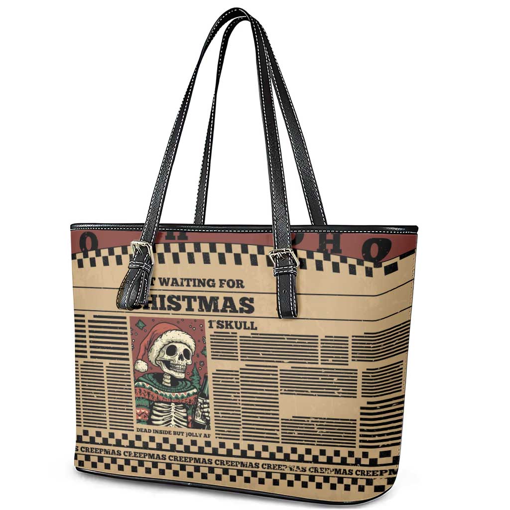 Skull Christmas Leather Tote Bag Newspaper Retro Style - Wonder Print Shop