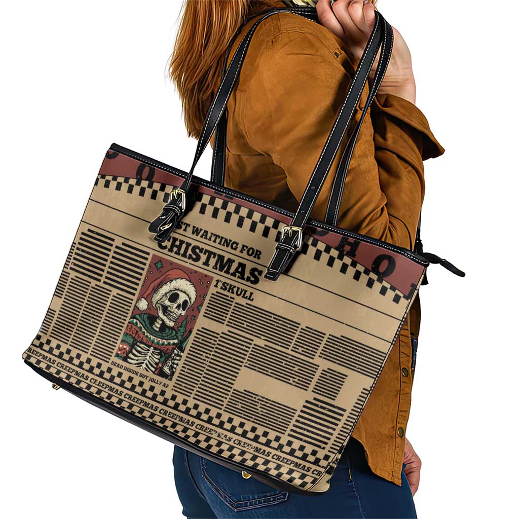Skull Christmas Leather Tote Bag Newspaper Retro Style - Wonder Print Shop