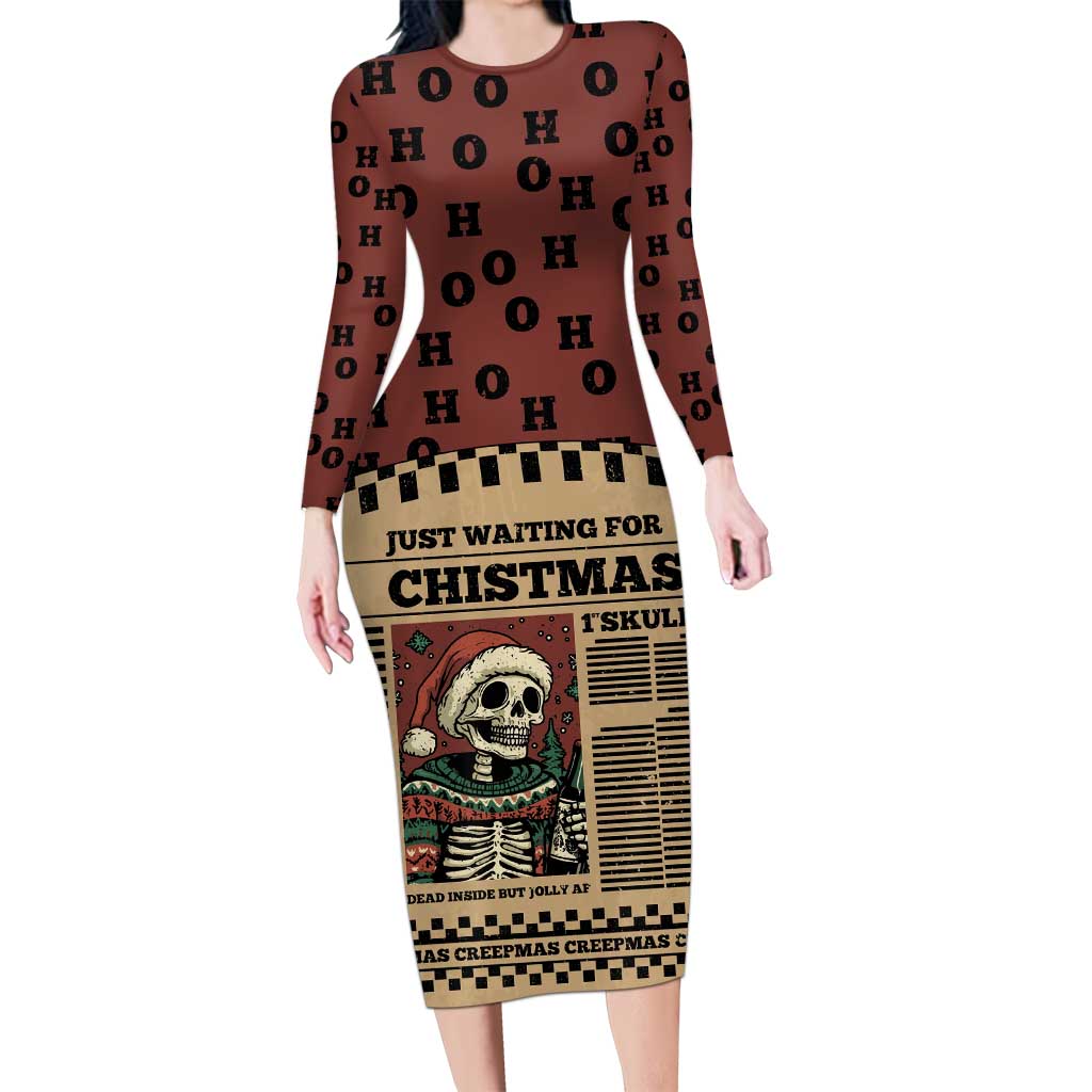 Skull Christmas Long Sleeve Bodycon Dress Newspaper Retro Style - Wonder Print Shop