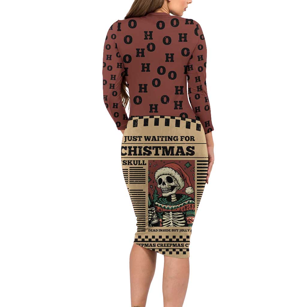Skull Christmas Long Sleeve Bodycon Dress Newspaper Retro Style - Wonder Print Shop
