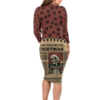 Skull Christmas Long Sleeve Bodycon Dress Newspaper Retro Style - Wonder Print Shop