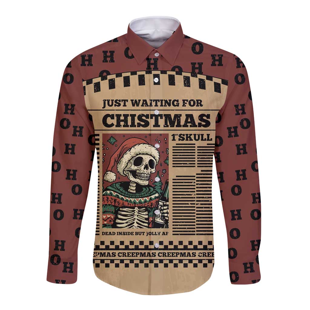 Skull Christmas Long Sleeve Button Shirt Newspaper Retro Style - Wonder Print Shop