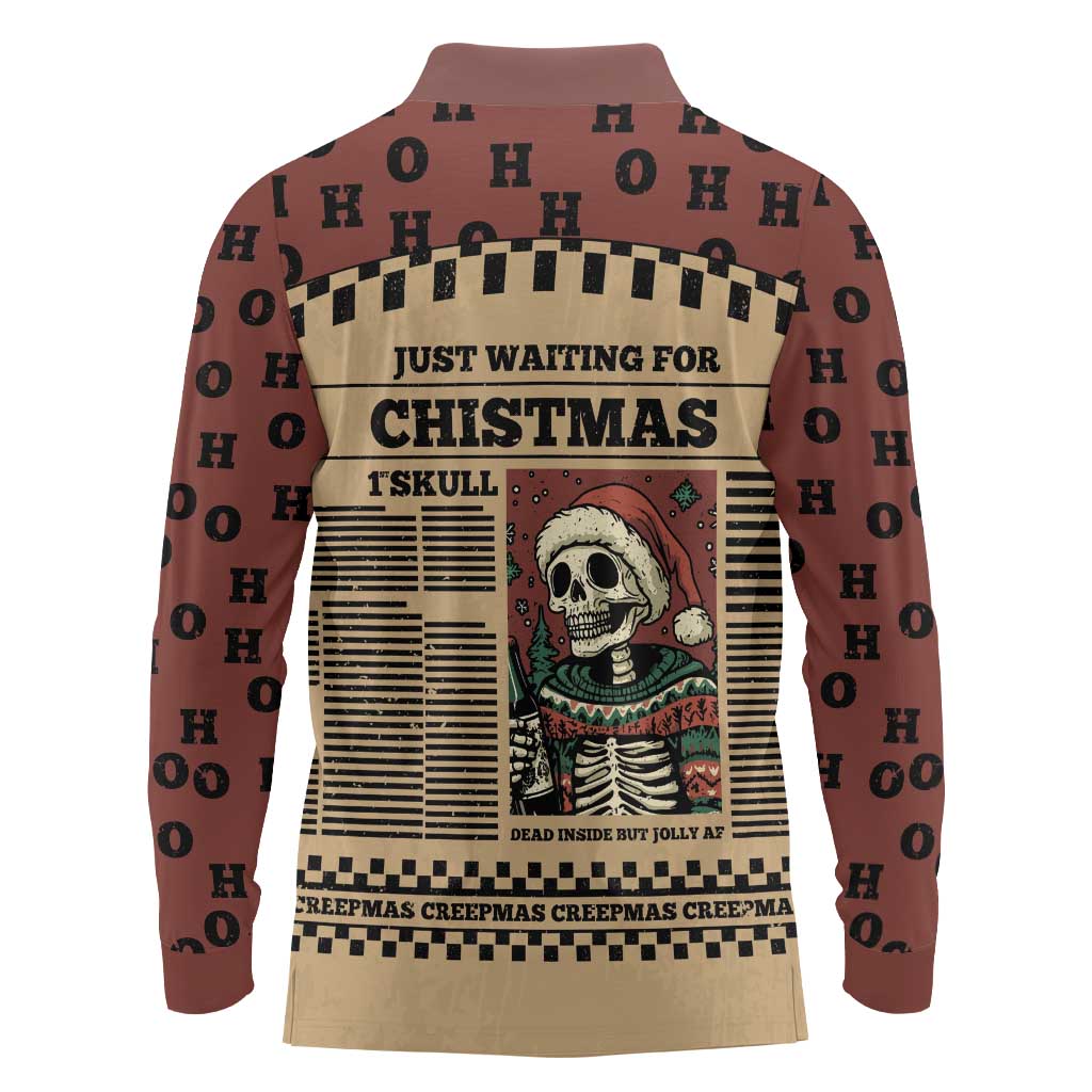 Skull Christmas Long Sleeve Polo Shirt Newspaper Retro Style - Wonder Print Shop