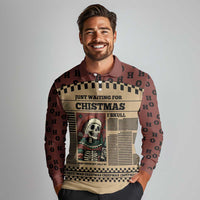 Skull Christmas Long Sleeve Polo Shirt Newspaper Retro Style - Wonder Print Shop
