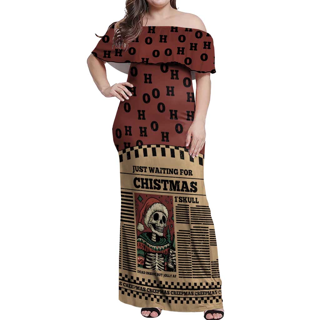 Skull Christmas Off Shoulder Maxi Dress Newspaper Retro Style - Wonder Print Shop