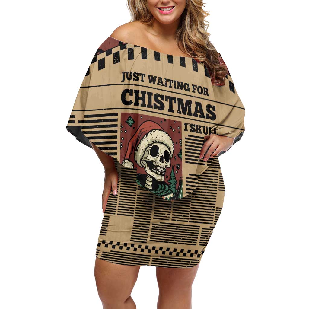 Skull Christmas Off Shoulder Short Dress Newspaper Retro Style - Wonder Print Shop