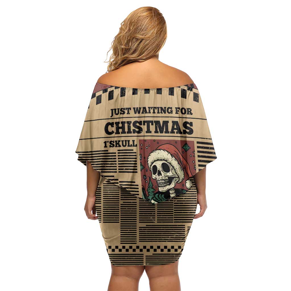 Skull Christmas Off Shoulder Short Dress Newspaper Retro Style - Wonder Print Shop