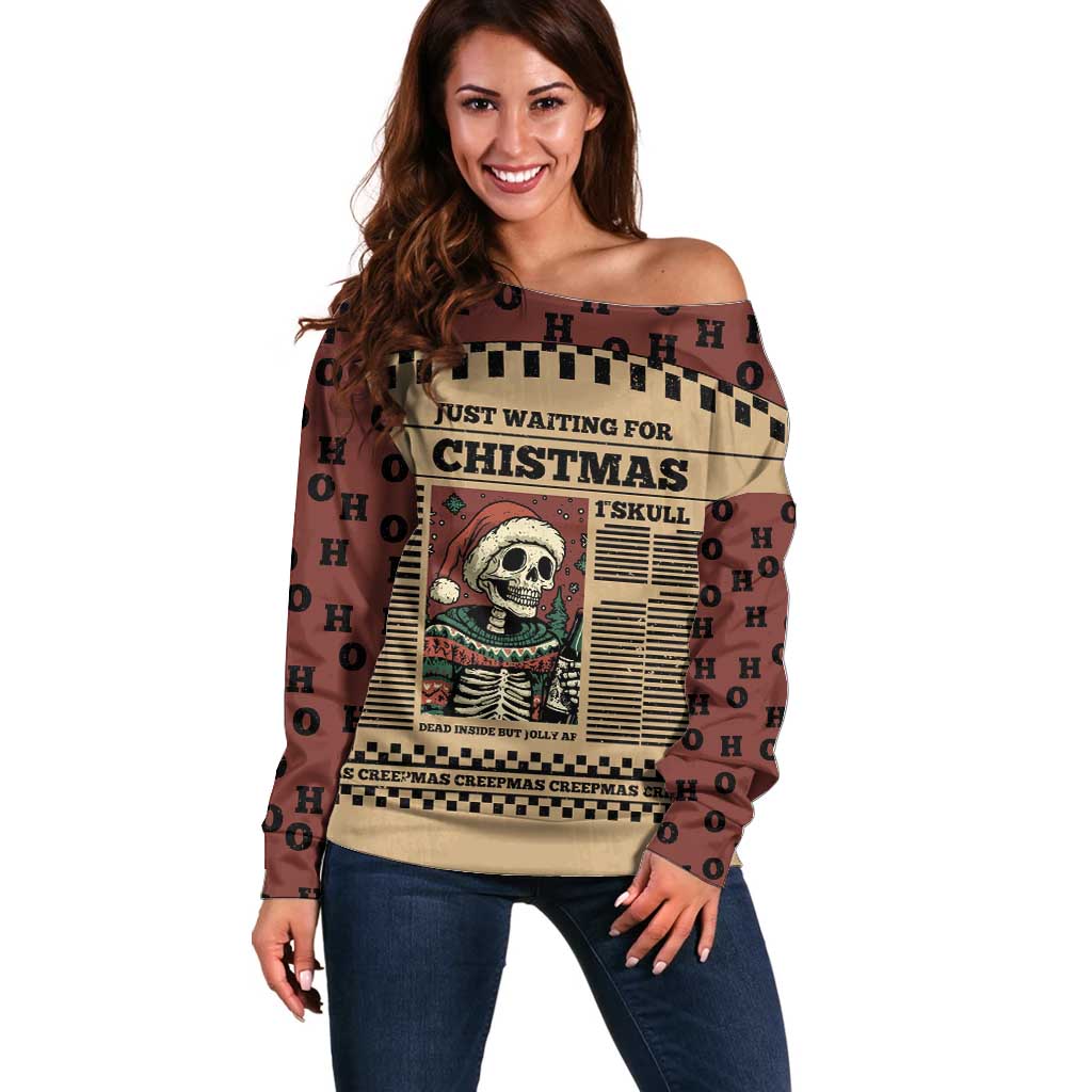 Skull Christmas Off Shoulder Sweater Newspaper Retro Style - Wonder Print Shop