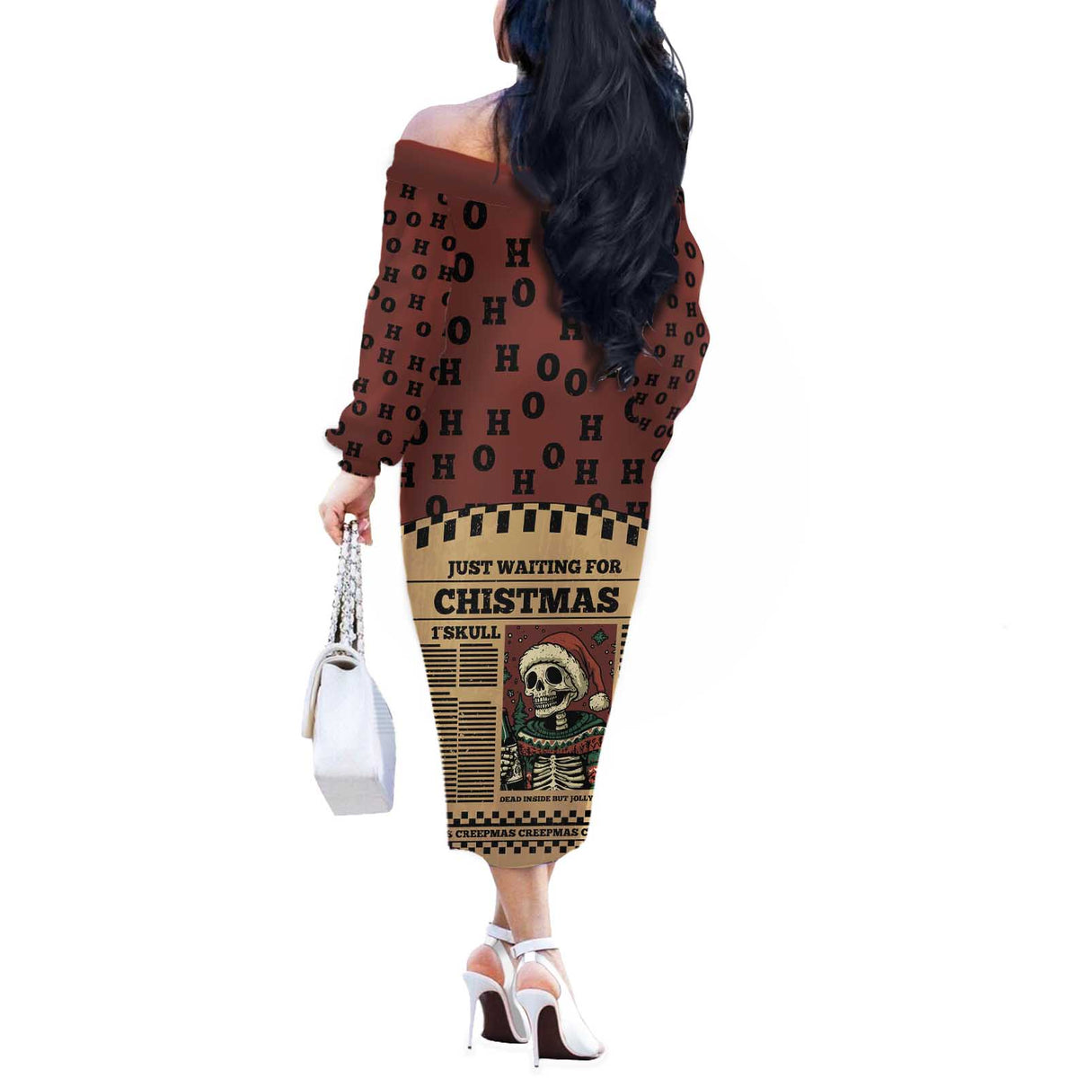 Skull Christmas Off The Shoulder Long Sleeve Dress Newspaper Retro Style - Wonder Print Shop