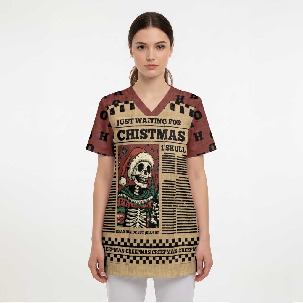 Skull Christmas Scrub Top Newspaper Retro Style - Wonder Print Shop