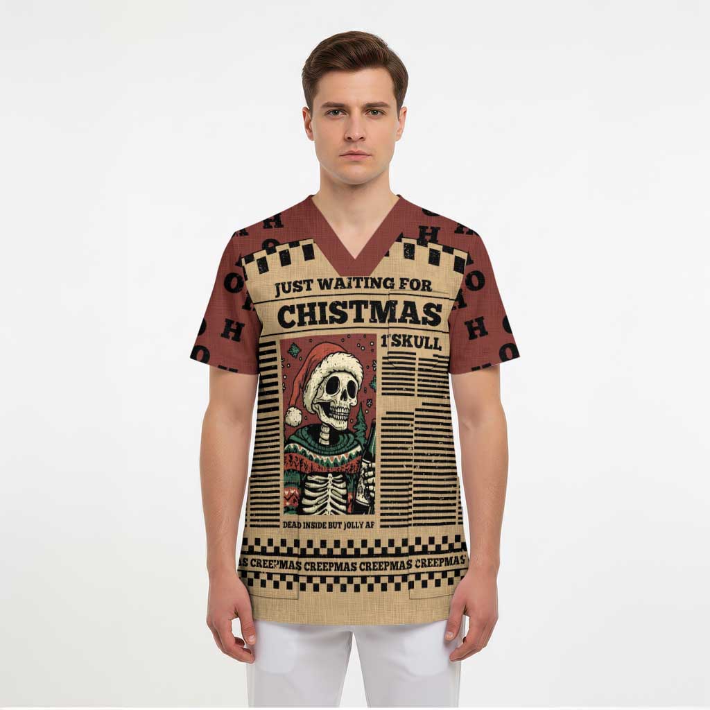 Skull Christmas Scrub Top Newspaper Retro Style - Wonder Print Shop