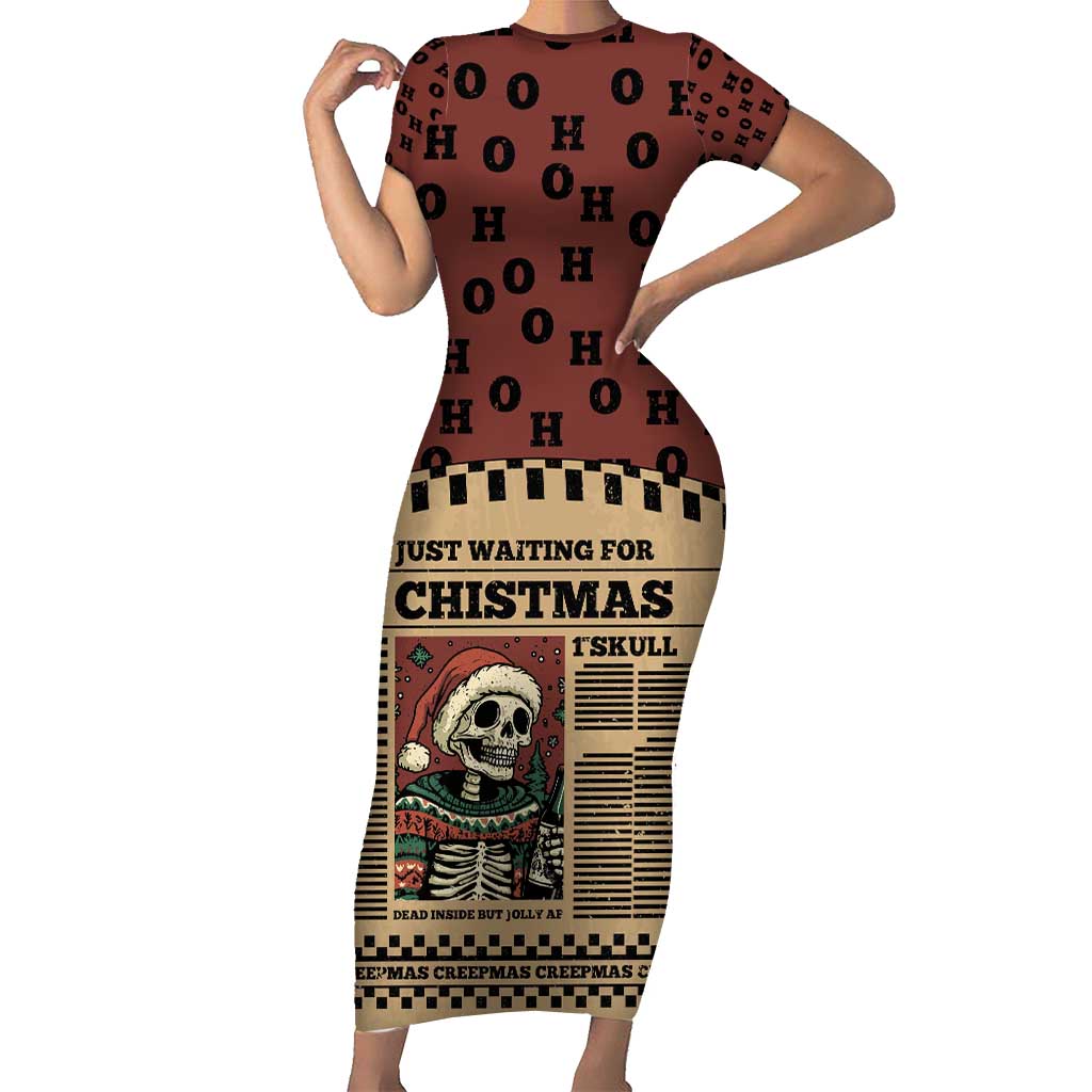 Skull Christmas Short Sleeve Bodycon Dress Newspaper Retro Style - Wonder Print Shop