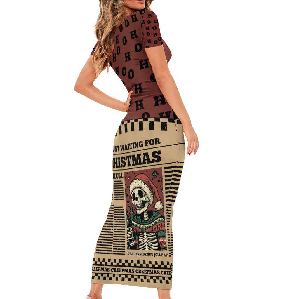 Skull Christmas Short Sleeve Bodycon Dress Newspaper Retro Style - Wonder Print Shop
